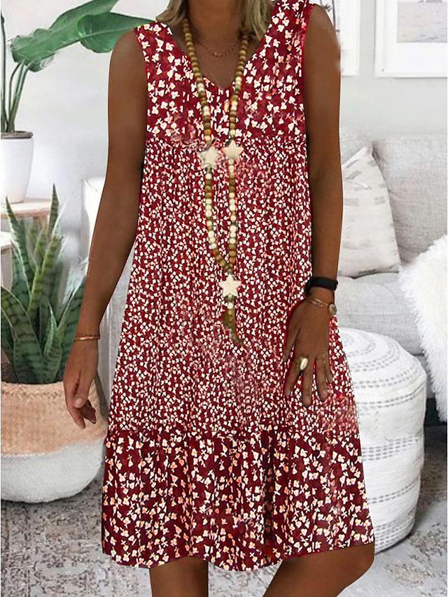 Sleeveless V-neck floral dress, red with white tiny blossoms, gathered hem