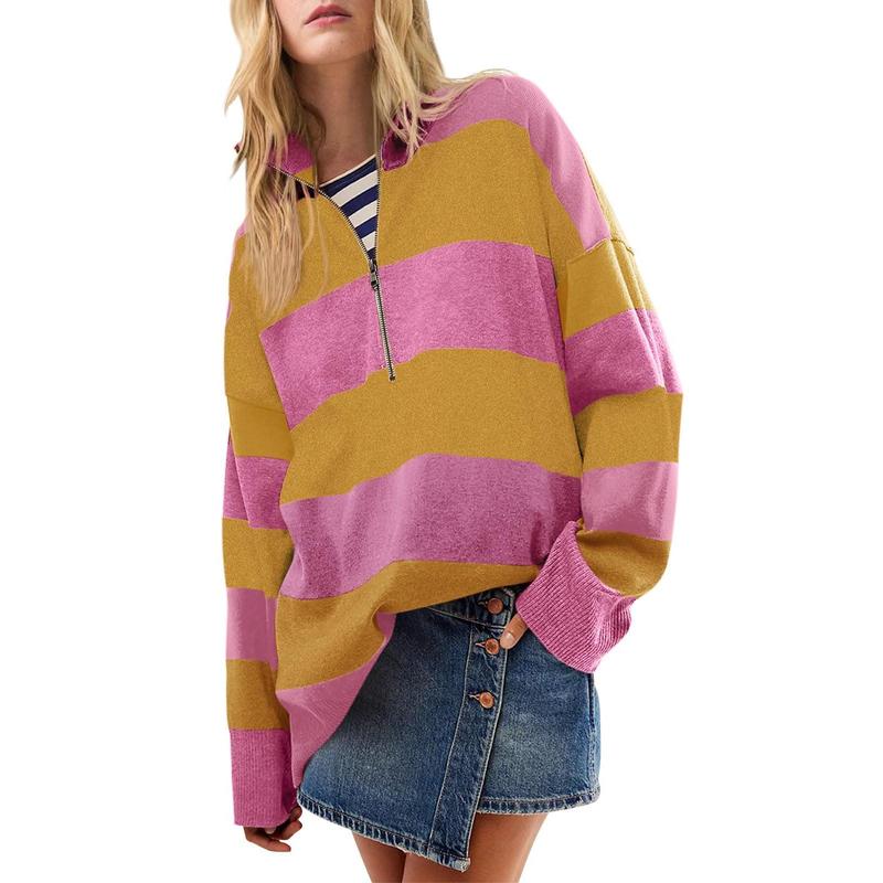 Oversized striped turtleneck sweater with half-zip, pink and mustard yellow blocks