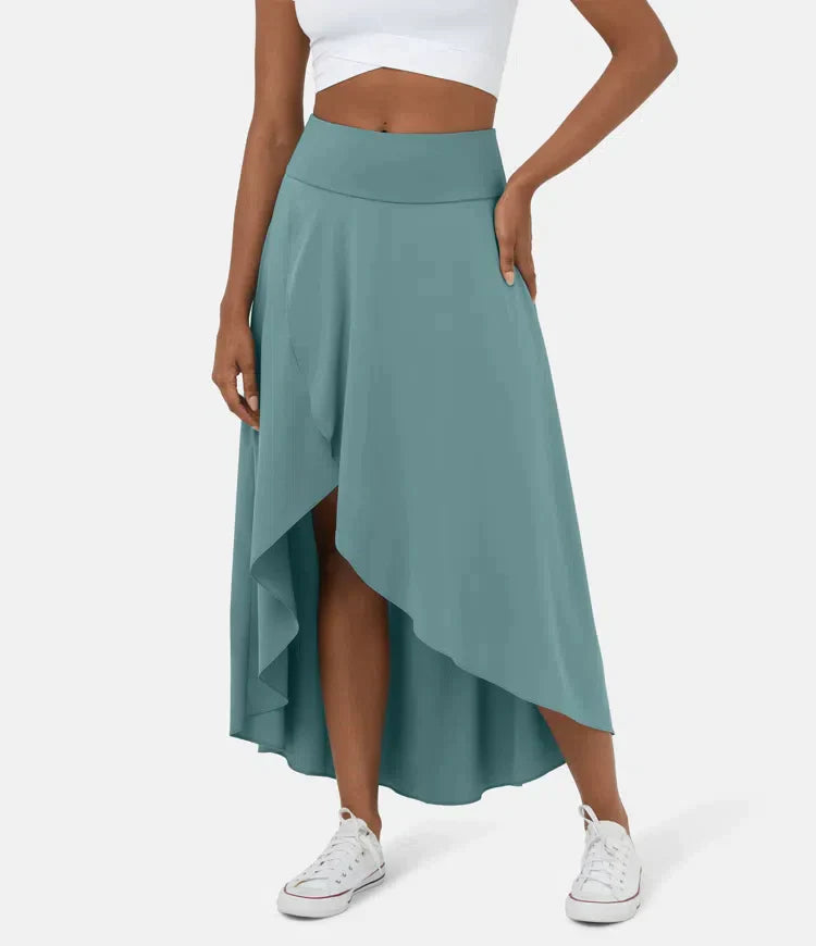 AMELIE asymmetric midi skirt in teal with high waist and layered high-low hem