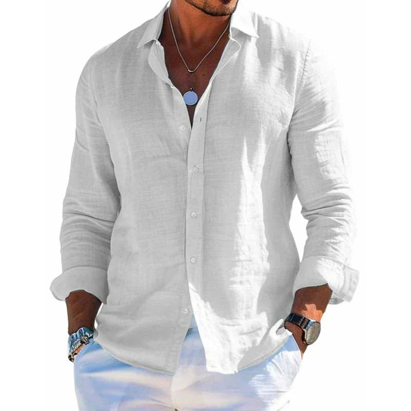 White long-sleeve button-down shirt, open collar, visible placket