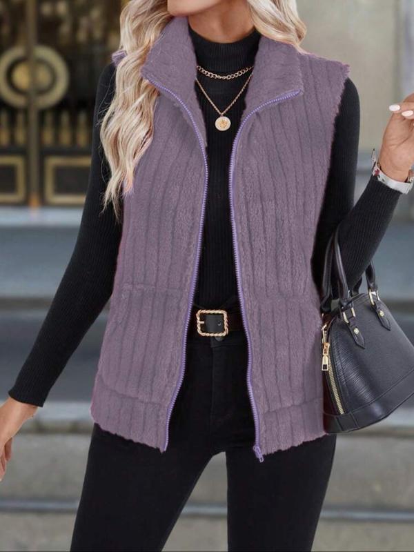 Warm ribbed fleece vest, purple, full-zip front with stand collar