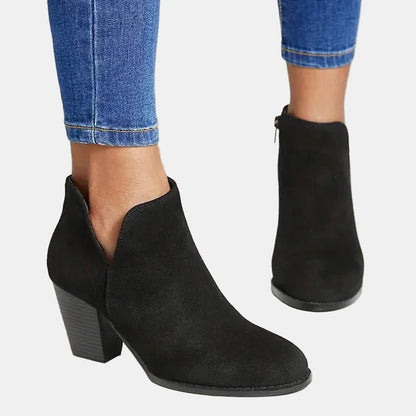 Black suede ankle boots with side zip and block heel