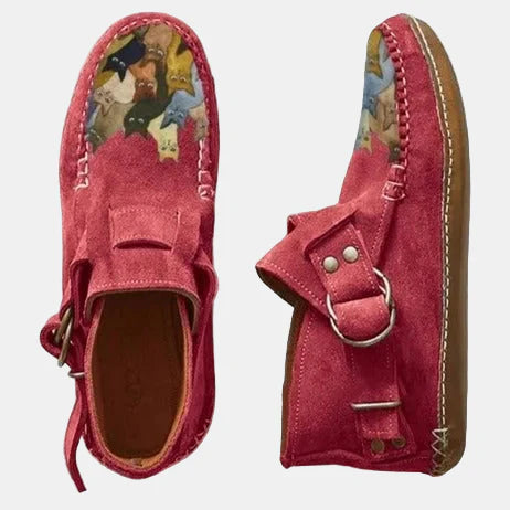 Printed ankle boots in red suede with buckle strap and lace tie, animal print lining