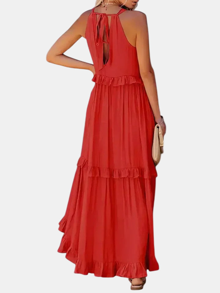 Red sleeveless long dress with open back halter tie and ruffled tiered hem