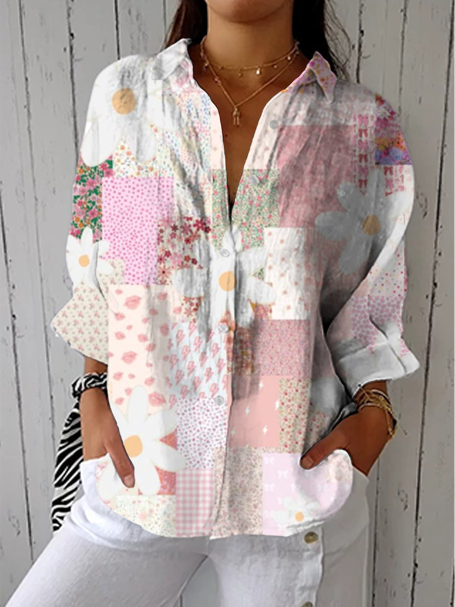 Multicolor patchwork daisy blouse with button front and long sleeves