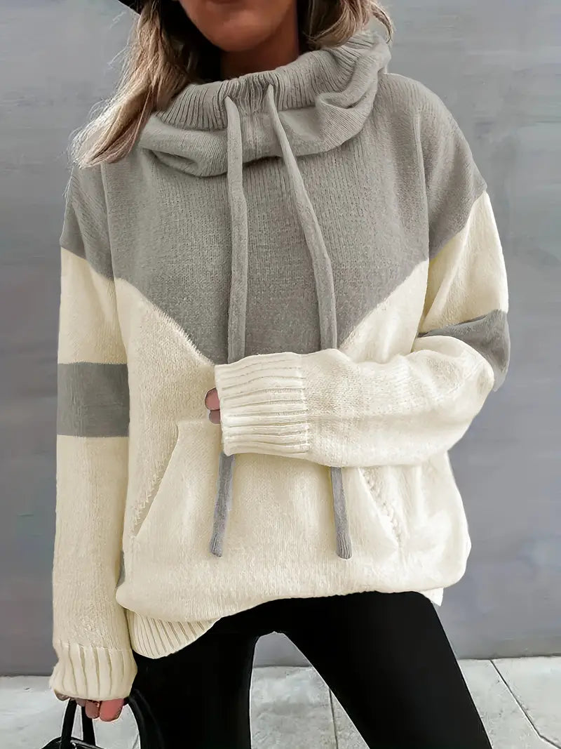 Light grey and white dual-tone hooded hoodie with drawstring and front pocket