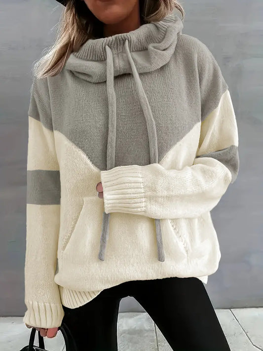 Light grey and white dual-tone hooded hoodie with drawstring and front pocket