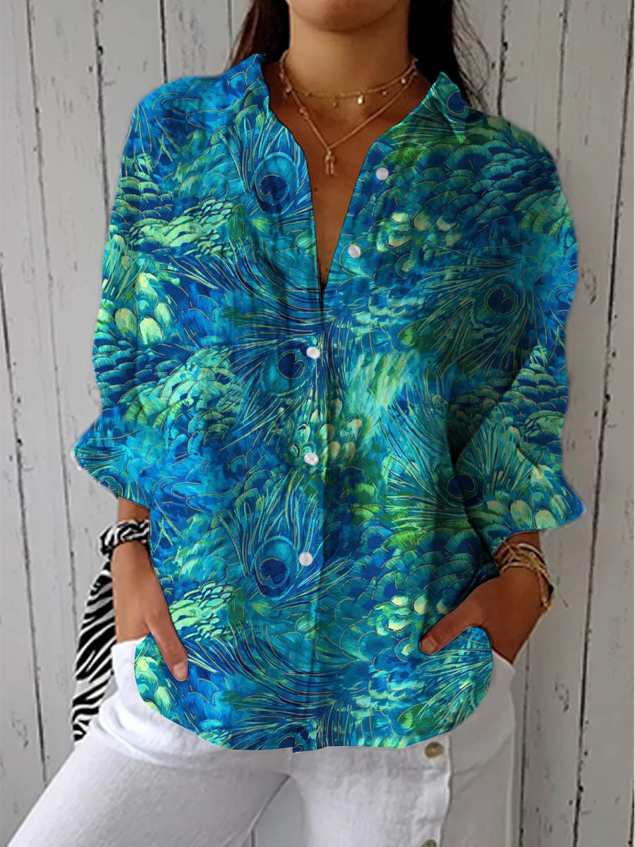 Peacock-print blouse with V-neck and button front, long sleeves, teal and green