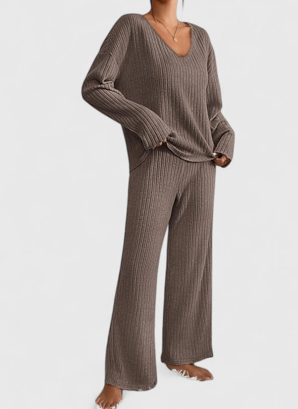 Brown ribbed v-neck sweater and wide-leg pants set with matching cuffs.