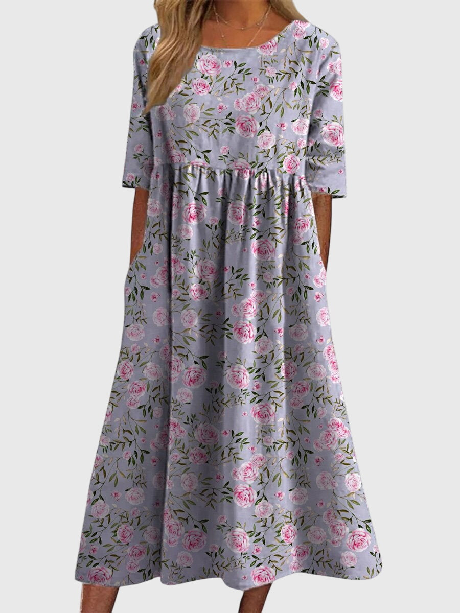 Relaxed midi dress in light gray with pink rose floral print, short sleeves, gathered skirt