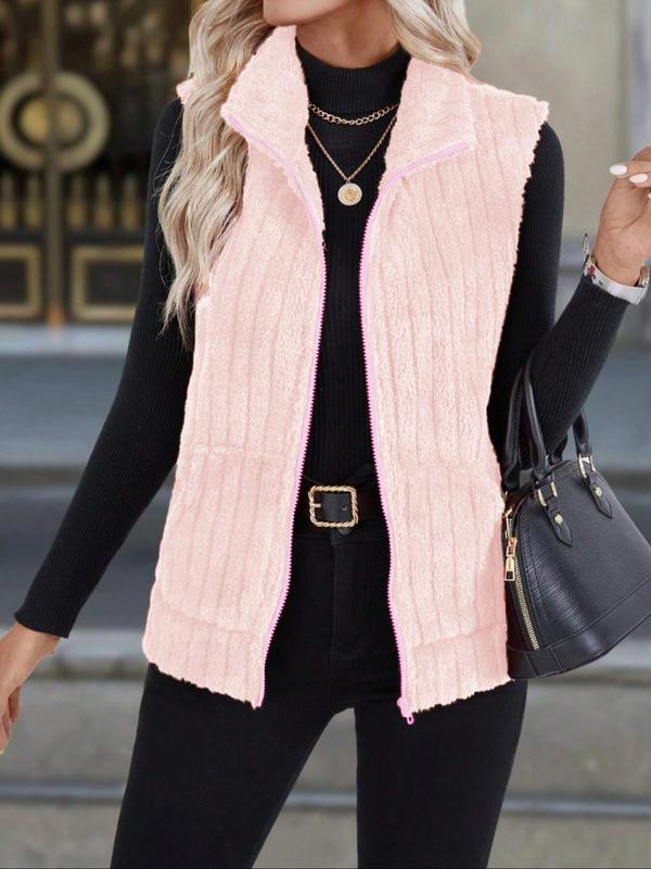 Warm ribbed fleece vest, light pink, full-zip front with stand collar