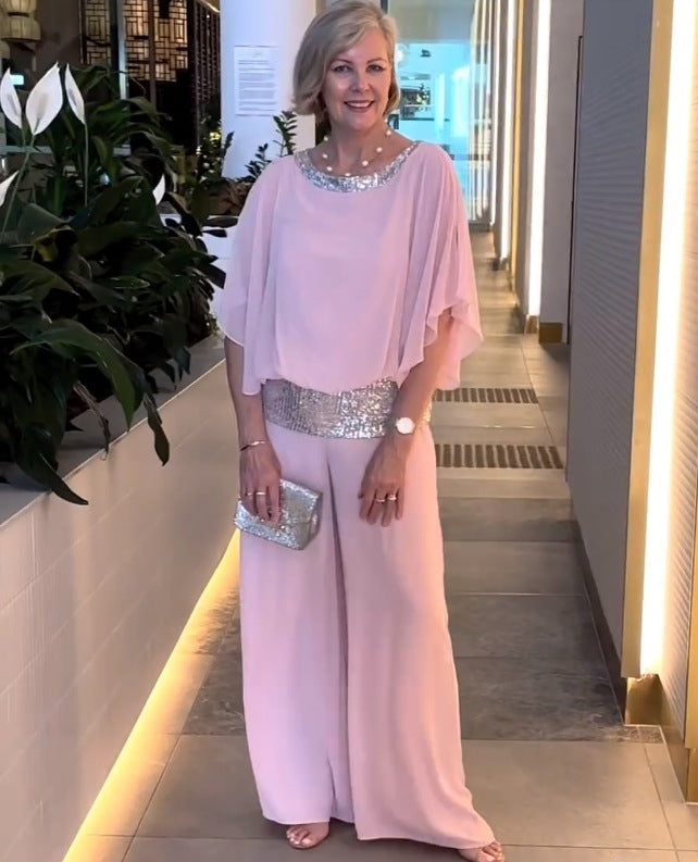 Pink relaxed top and wide-leg trousers set, sequined waistband