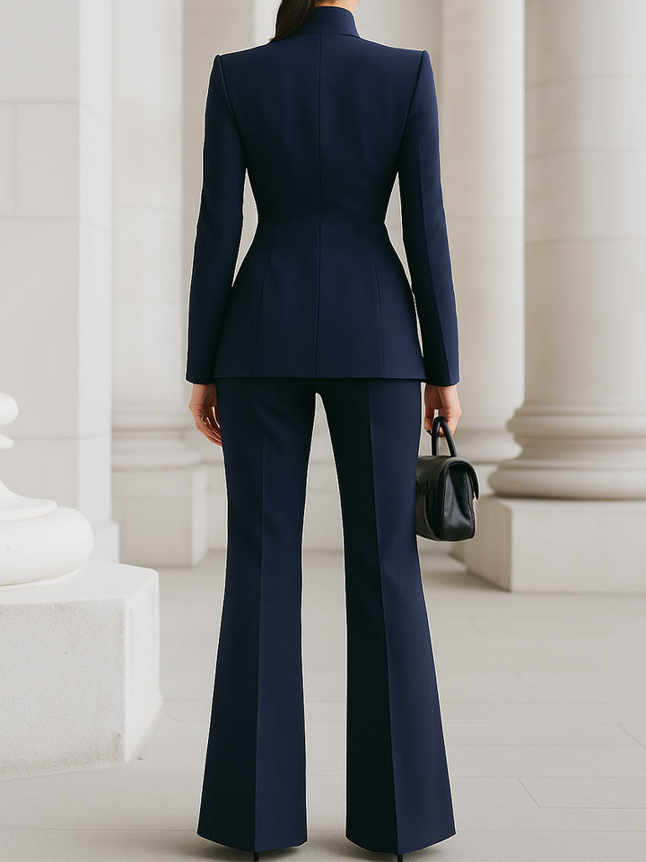 Navy tailored blazer and wide-leg trousers two-piece set, back view with seam details