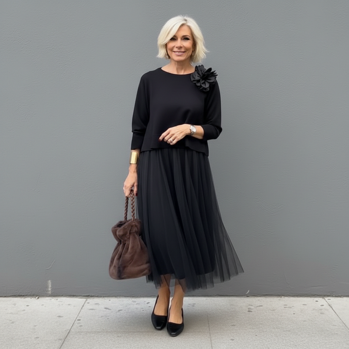 Black knit layered dress set with long sleeves and tulle midi skirt