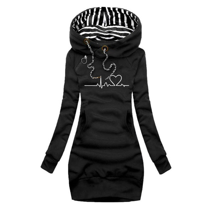 PULSE™ Cosy Heartbeat Hoodie in black, pullover with striped hood lining and heart graphic