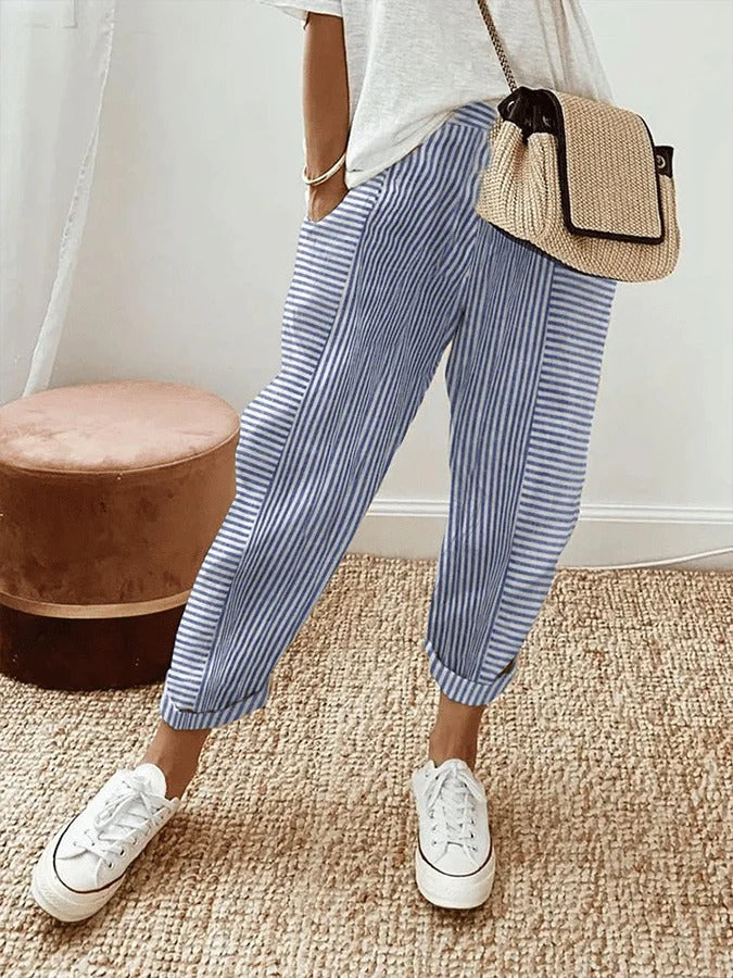 Blue and white striped retro pants with drawstring cuffs, full length