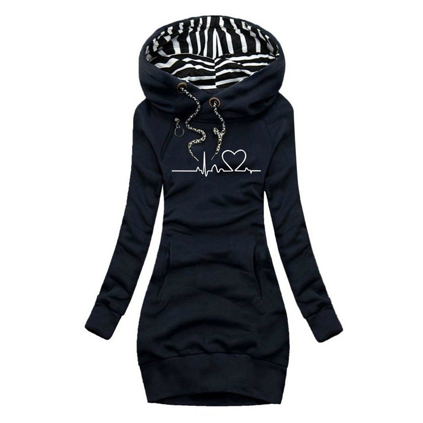 PULSE™ Cosy Heartbeat Hoodie in dark blue, pullover with striped hood lining and heart graphic