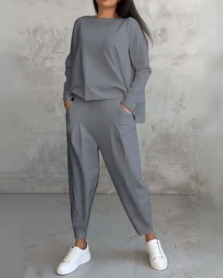 Grey lounge set: long-sleeve pullover top with matching tapered trousers