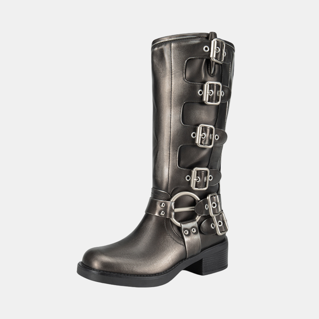 Knee-high leather boots in dark gray with multiple silver-tone buckle straps