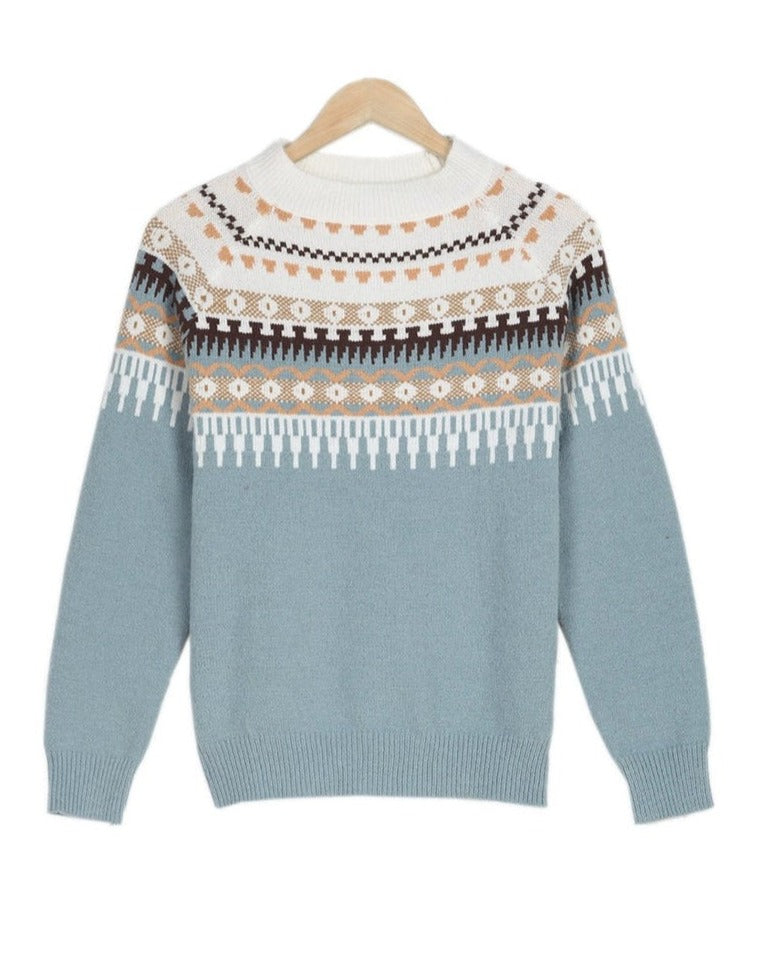 Light Fair Isle knit sweater with multicolor yoke bands and crew neck