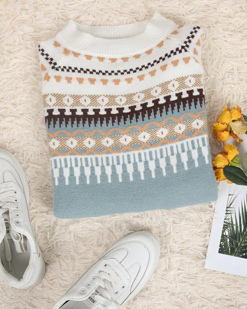 Light Fair Isle knit sweater with multicolor fair isle bands and crew neckline