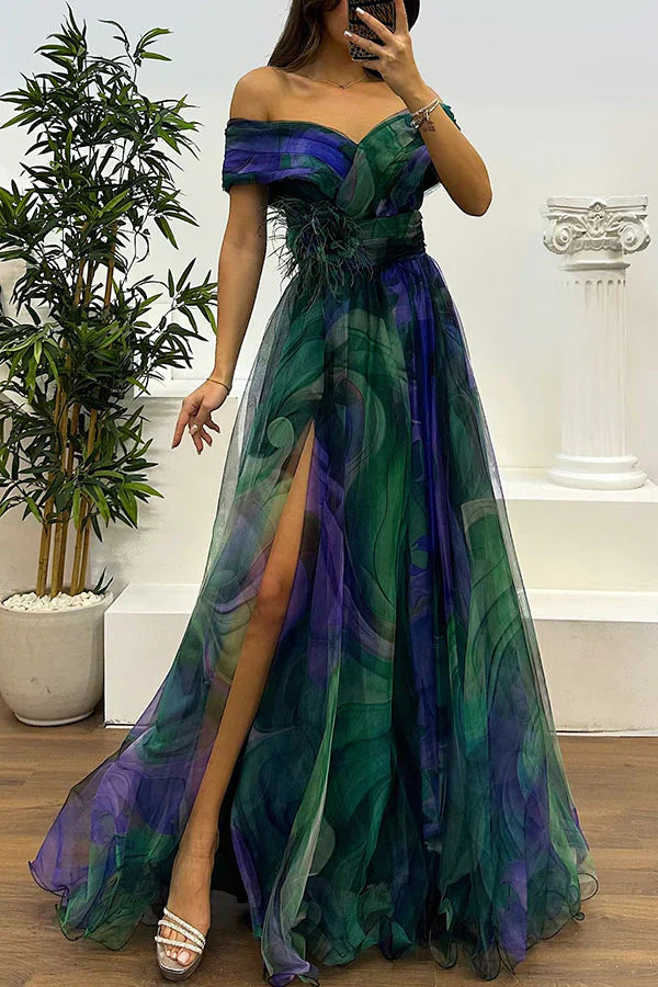 Off-shoulder maxi dress, green-indigo plaid with feathered waist and side slit
