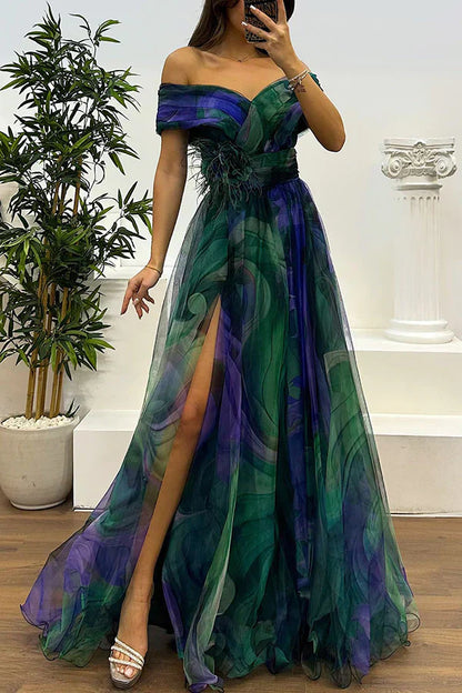 Off-shoulder maxi dress, green-indigo plaid with feathered waist and side slit