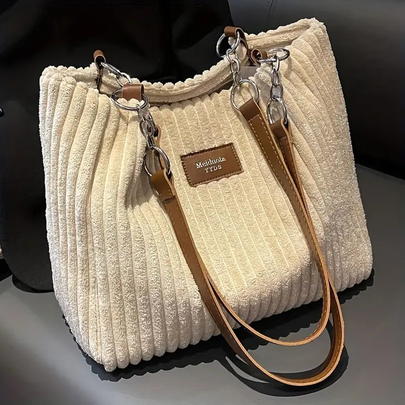 Large capacity corduroy tote bag in light beige with top zipper and two shoulder straps