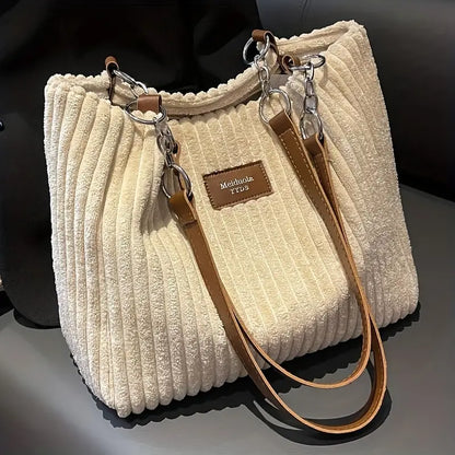 Large capacity corduroy tote bag in light beige with top zipper and two shoulder straps