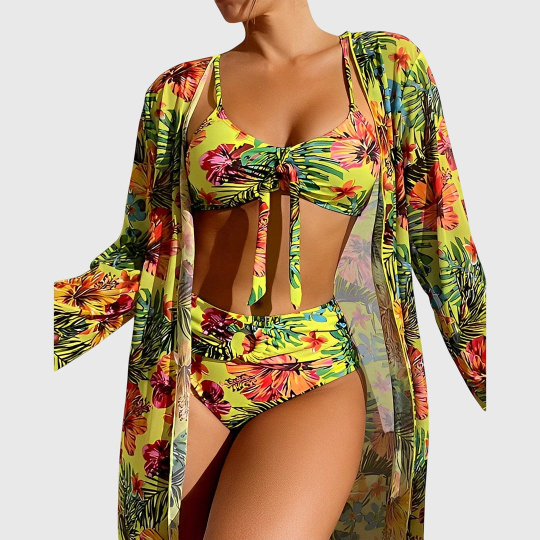 Multicolor floral bikini set with tie-front top and sheer long kimono cover-up