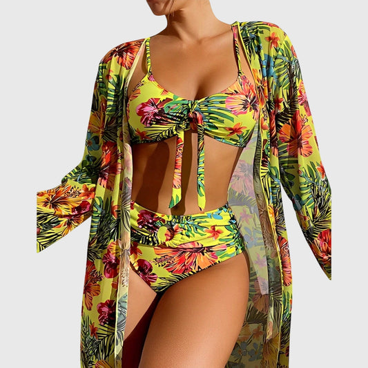 Multicolor floral bikini set with tie-front top, high-rise bottoms, and sheer kimono robe