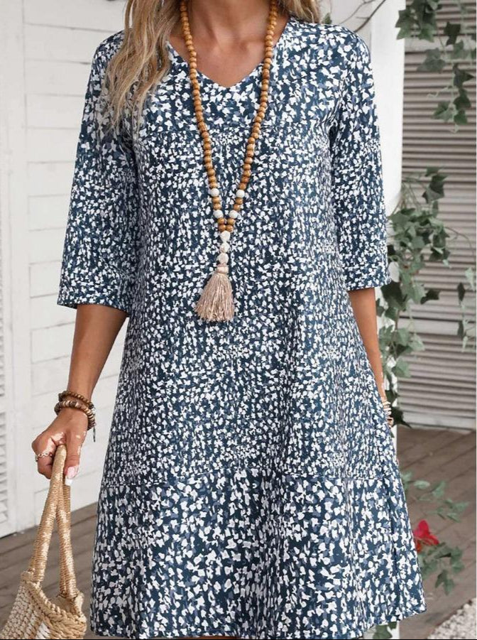 Blue boho bloom dress with white speckle floral print, tiered hem, 3/4 sleeves