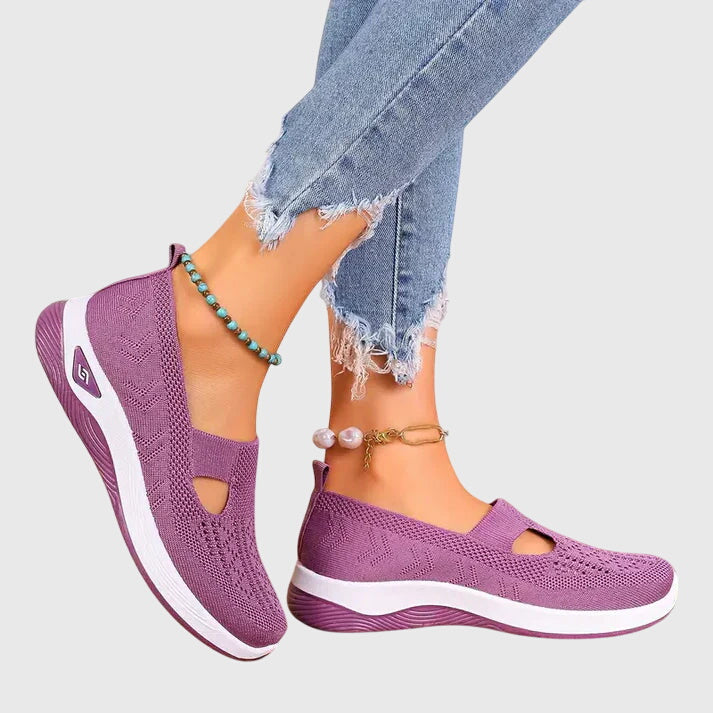 Mia orthopedic walking shoes, purple slip-on with toe cutout and grippy striped sole