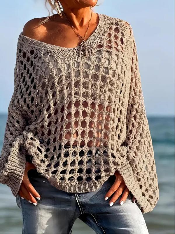 Comfy long-sleeve knit top in light beige with openwork pattern and fringe trim