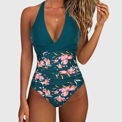 One-piece women's swimsuit, teal V-neck with floral high-waist bottom