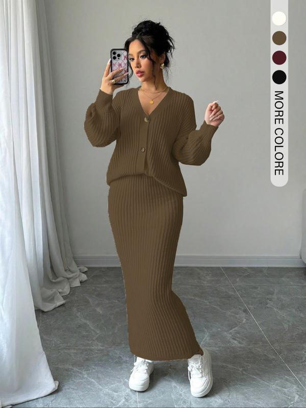 Fawn brown ribbed knit sweater and long skirt set with button-front cardigan