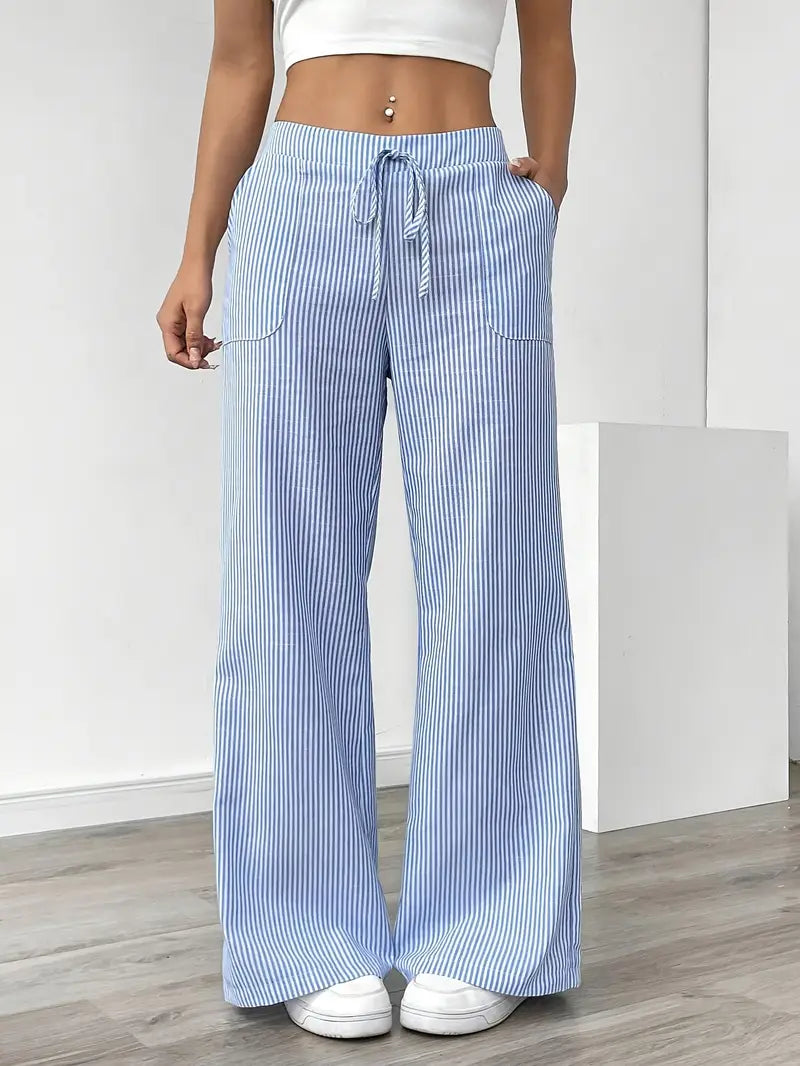 Blue striped wide-leg pants with drawstring elastic waist and side pockets