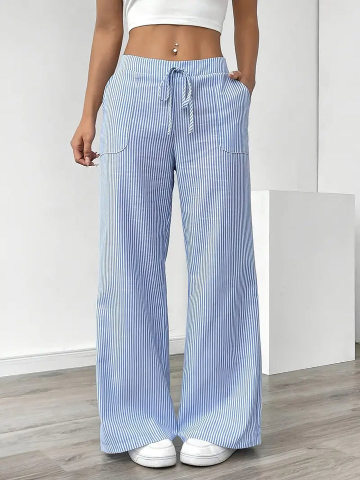 Blue striped wide-leg pants with drawstring elastic waist and side pockets