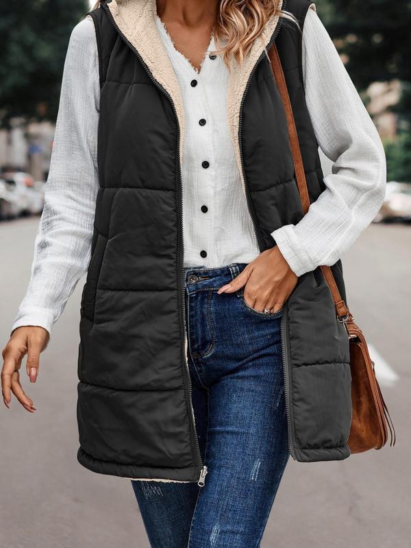 Black sleeveless hooded padded jacket with full-zip and Sherpa-lined collar