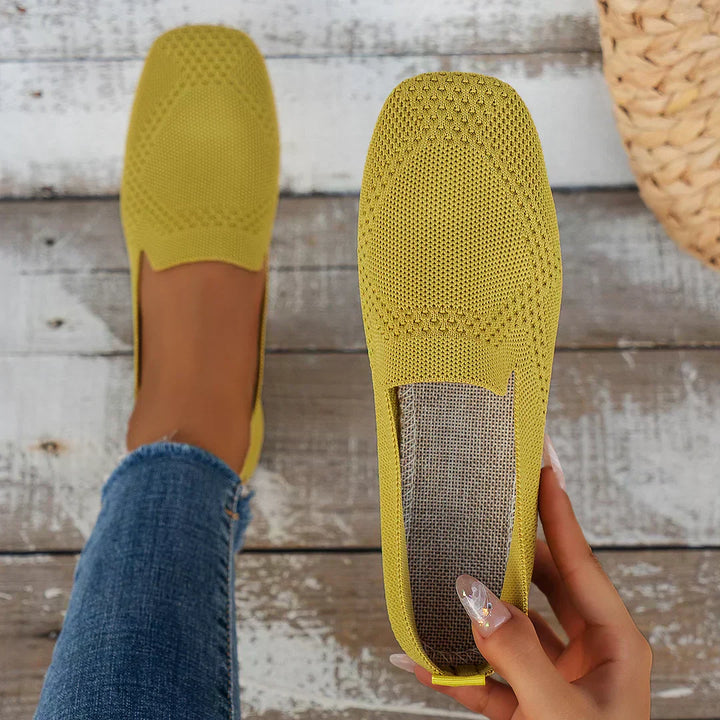 Mustard yellow knit slip-on orthopedic shoes with low heel and open back