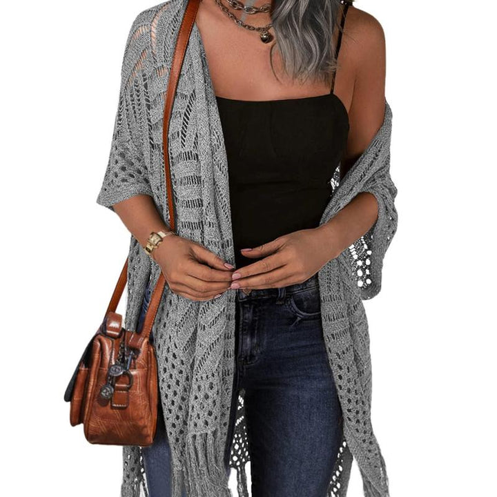 Open-front crochet knit cardigan in gray, short sleeves with openwork pattern