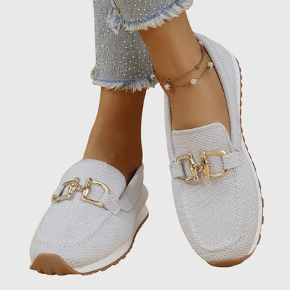 White textured loafer sneakers with gold-toned buckle detail