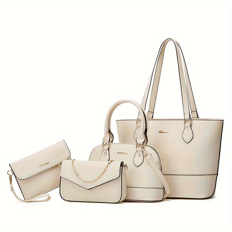 Mother and daughter bag set in white with beige accents, includes tote, mini shoulder, crossbody, and pouch