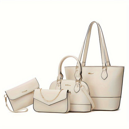 Mother and daughter bag set in white with beige accents, includes tote, mini shoulder, crossbody, and pouch