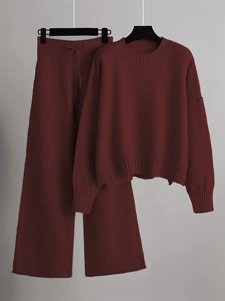 Burgundy knit sweater and wide-leg trousers loungewear set