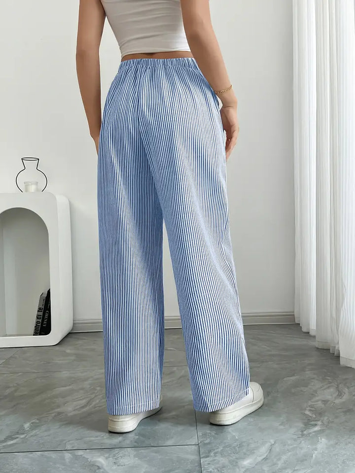 Blue striped wide-leg pants with elastic waistband and side pockets
