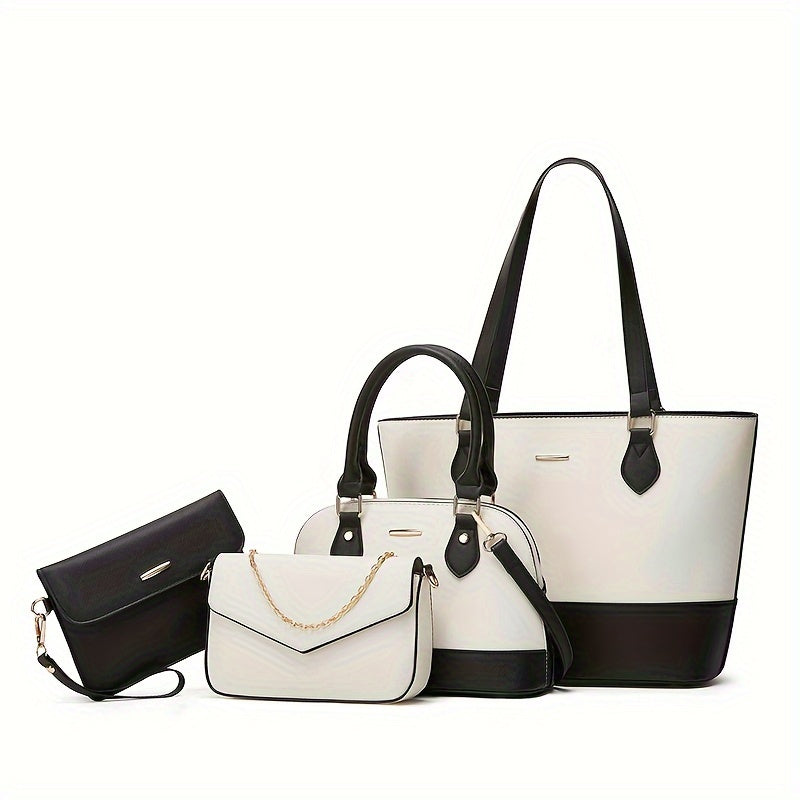 Mother and daughter bag set in white with black accents, includes tote, shoulder, and crossbody bags