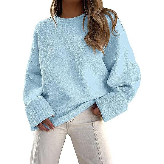 Light blue crewneck long-sleeve pullover sweater with ribbed cuffs and hem