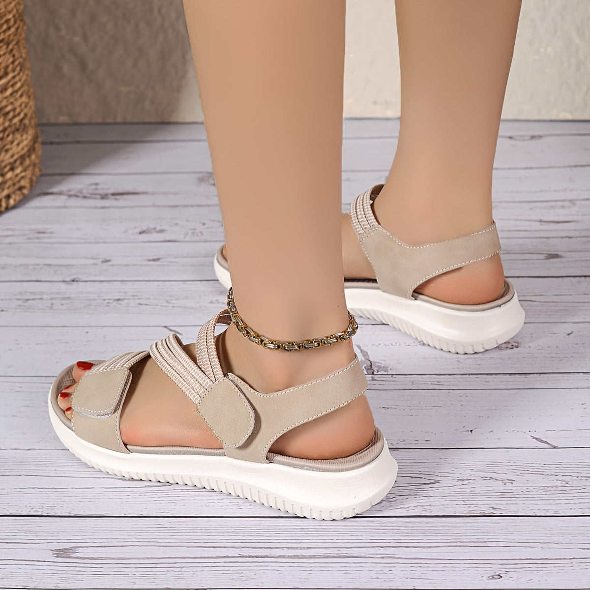 Apricot orthopaedic sandals with ankle chain strap, open toe, and adjustable hook-and-loop closures
