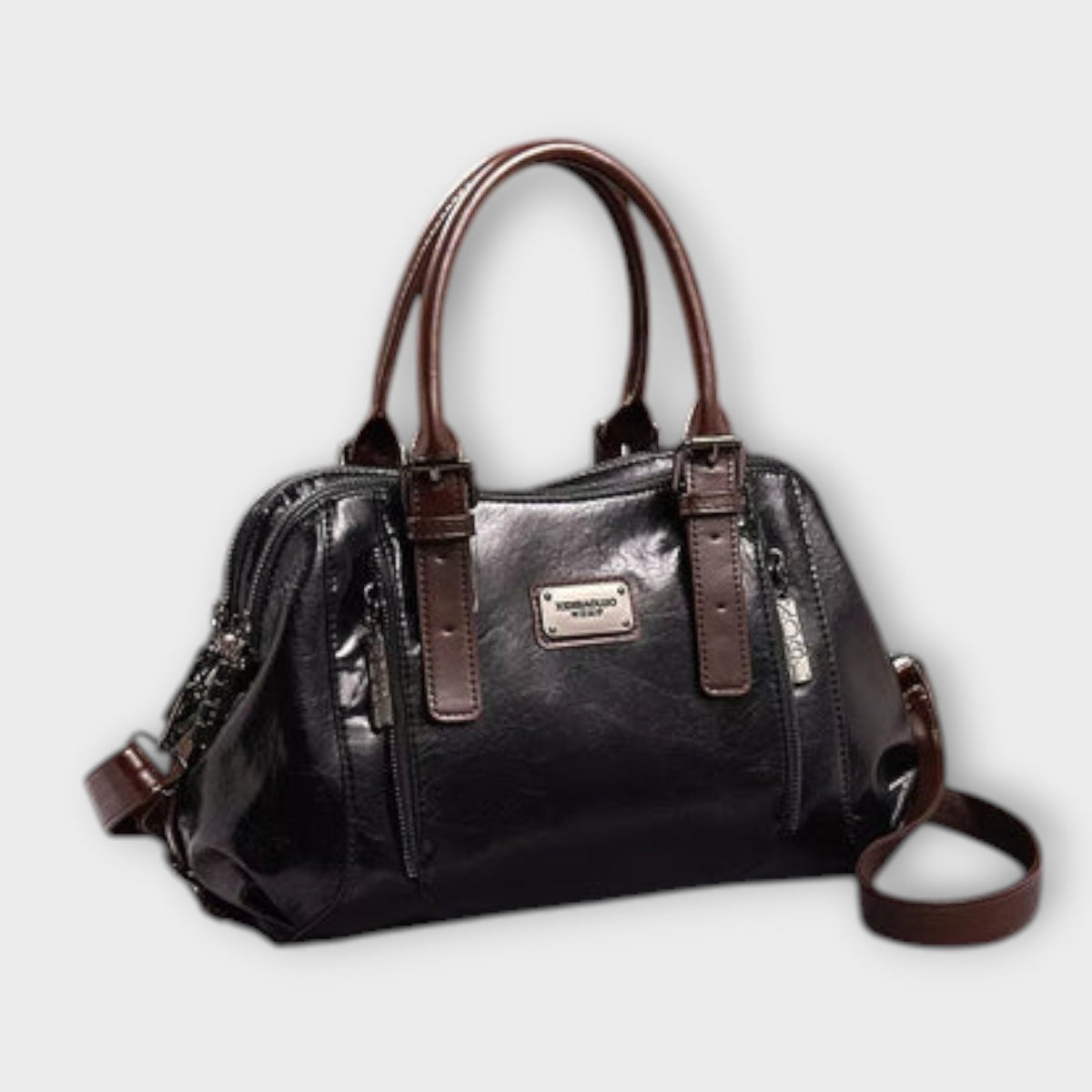Vintage leather-look shoulder bag in dark/black with top handles and crossbody strap